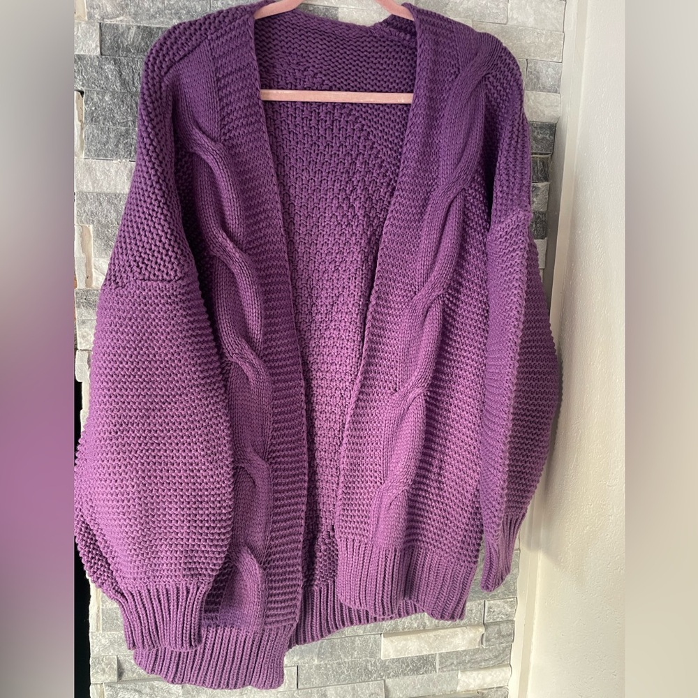 Purple balloon sleeves open chunky knit cardigan